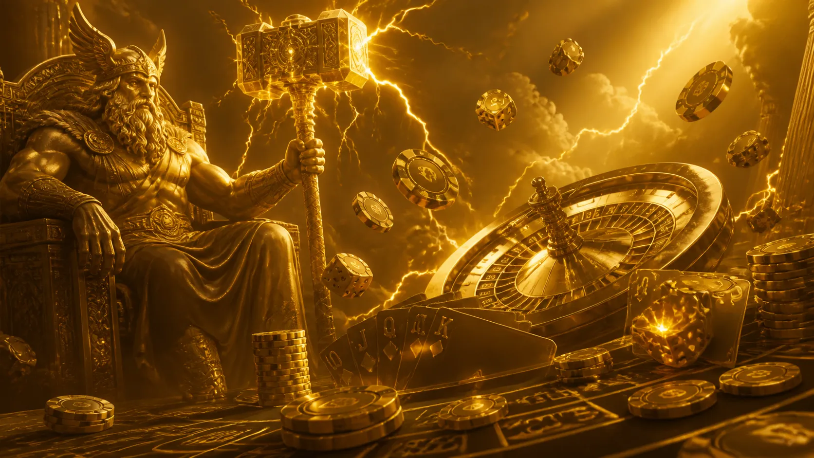 Glowing roulette wheel and poker chips in futuristic neon style for Thorfortune