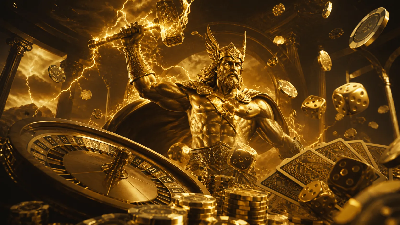 Luxury casino banner with Thor-themed elements and vibrant colors